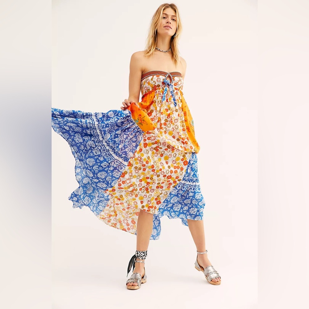 Free People Golden Dreams Vibrant Multicolor Multi-print Maxi Dress, Size Small